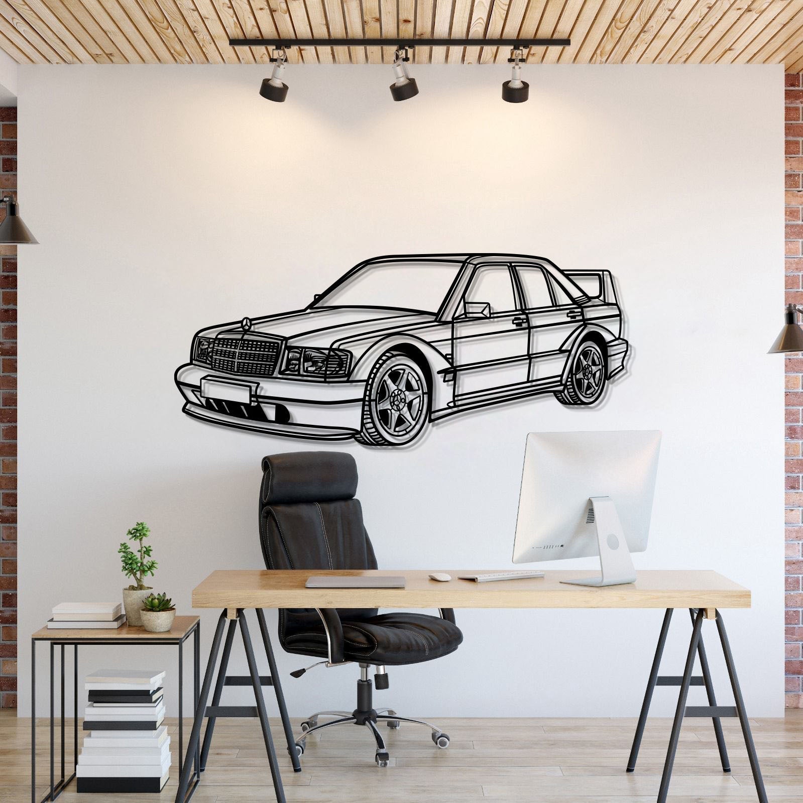 1990 190E 2.5‑16 EVO II perspective metal wall art laser cut steel silhouette
