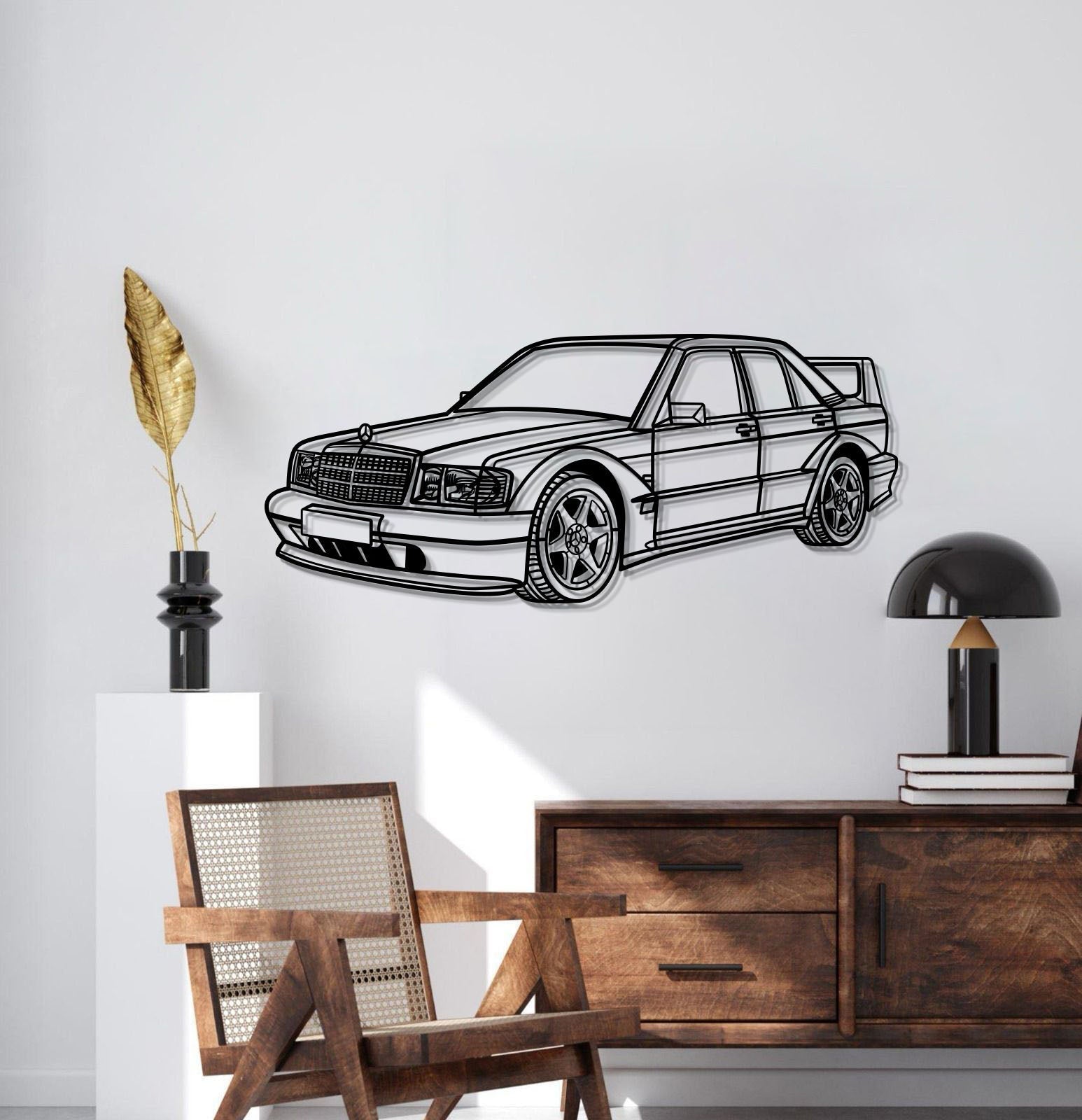 1990 190E 2.5‑16 EVO II perspective sedan silhouette wall decor powder coated