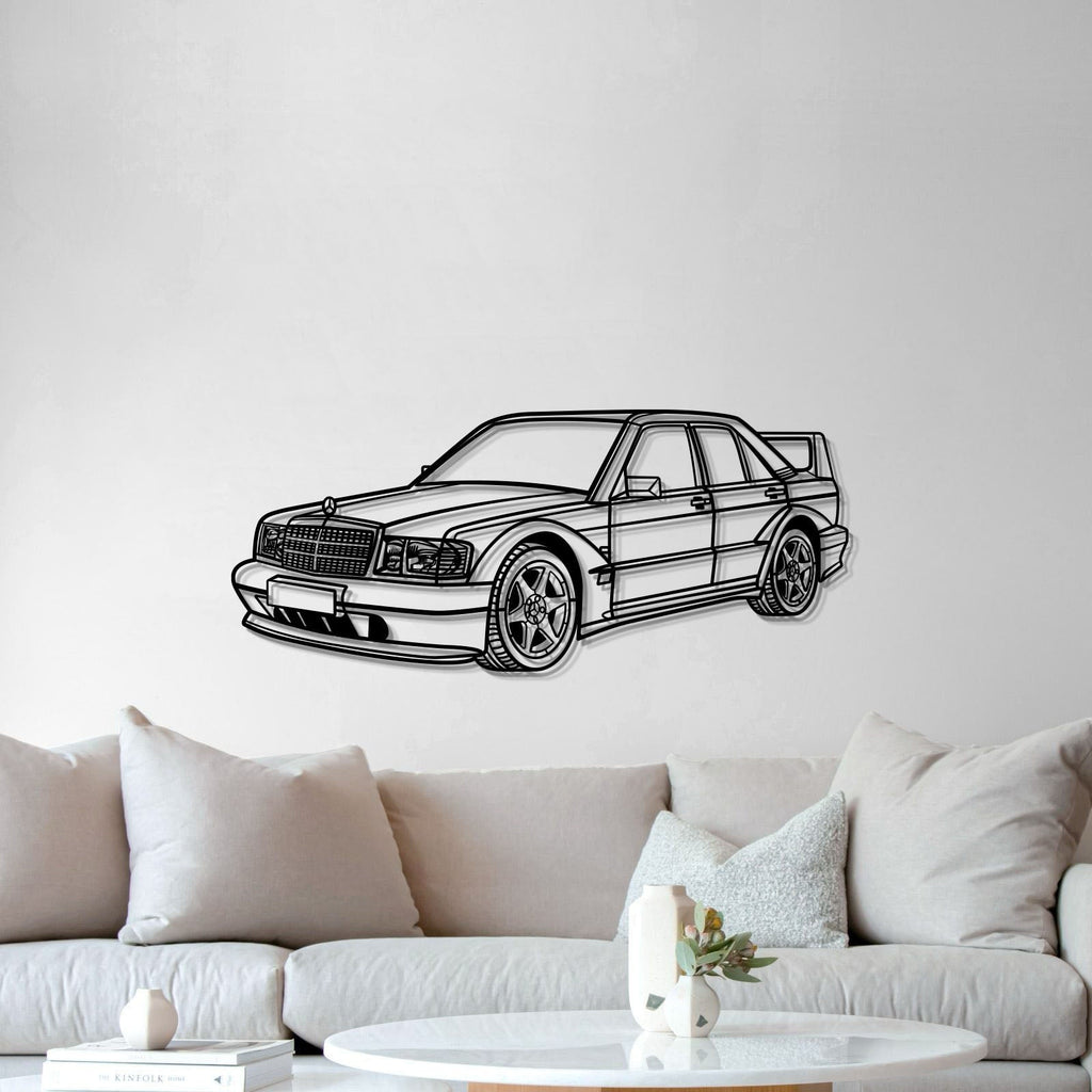 Perspective view of 1990 190E 2.5‑16 EVO II metal wall art elevated 1 cm for 3D effect