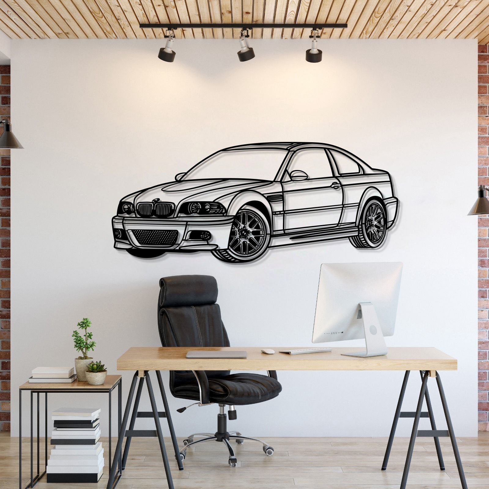 BMW E46 perspective metal wall art laser cut 2 mm steel silhouette