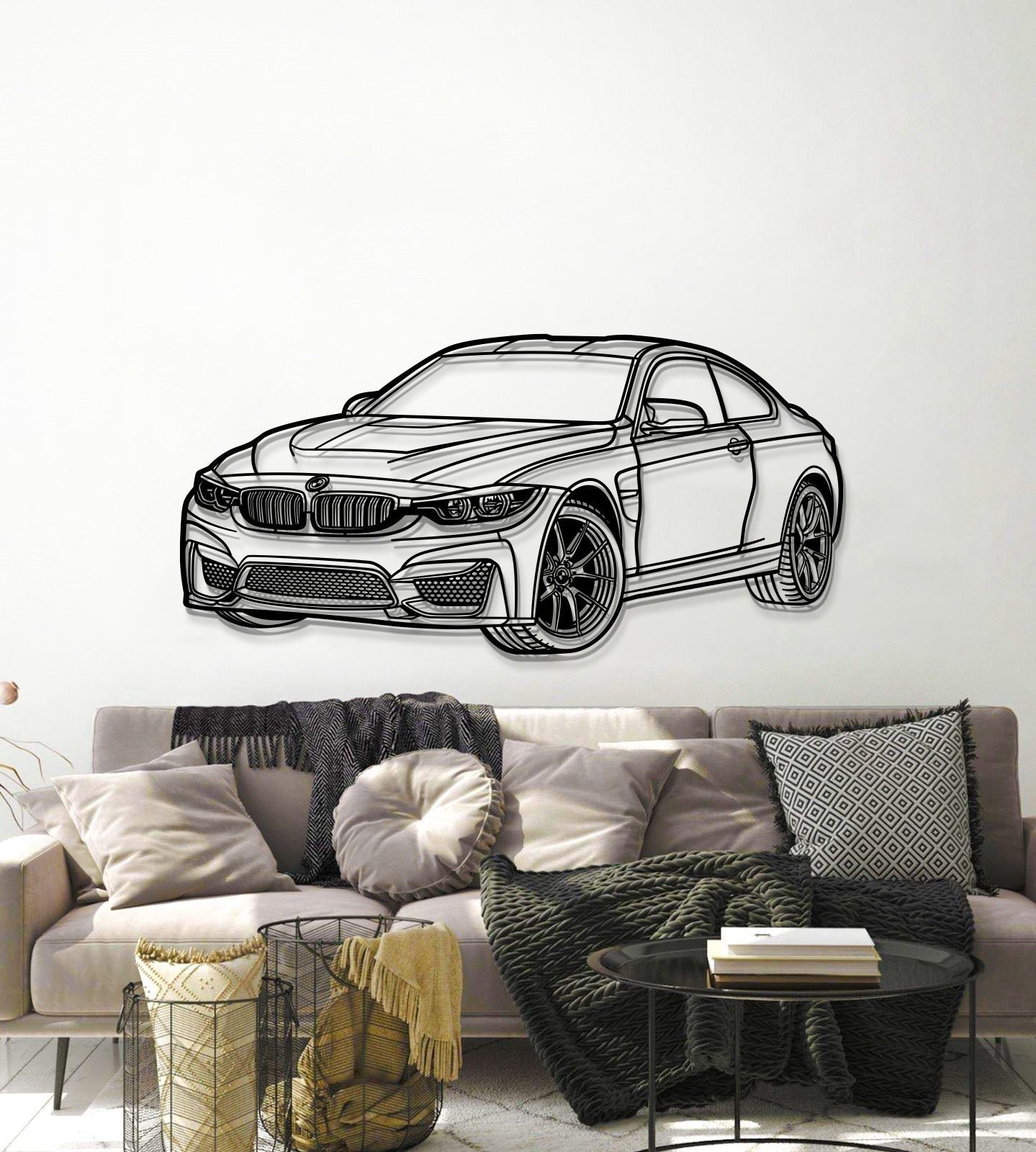 Powder‑coated 2014 BMW F82 M4 perspective metal wall art – motorsport-inspired statement piece