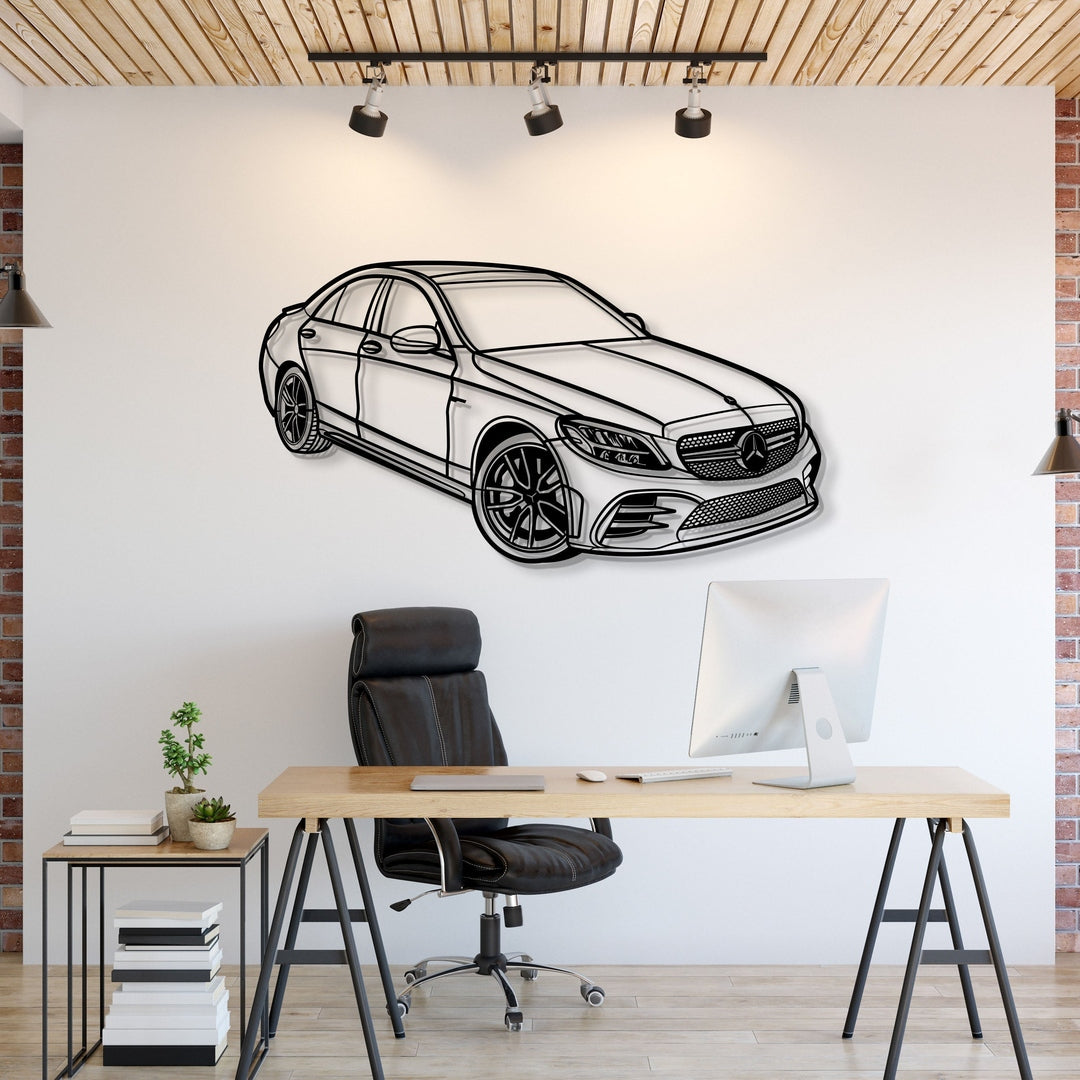 2020 Mercedes‑Benz C43 AMG perspective view metal wall art – laser‑cut steel silhouette with matte powder‑coat finish