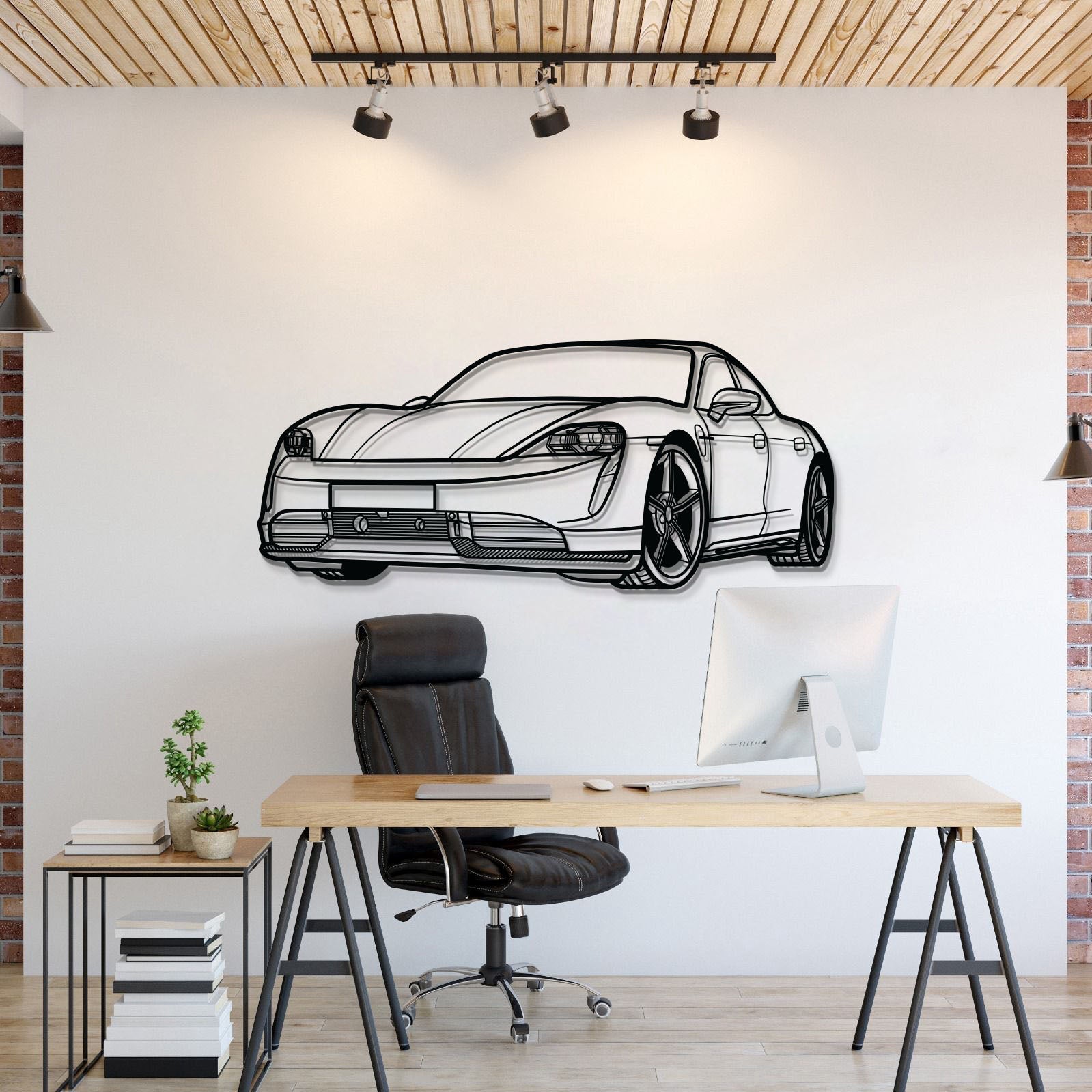 Porsche Taycan perspective metal wall art – sleek electric luxury silhouette décor