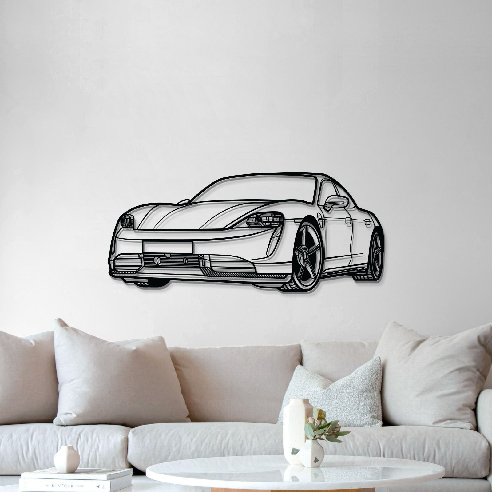 Powder‑coated Porsche Taycan metal art – modern garage or office décor with depth effect