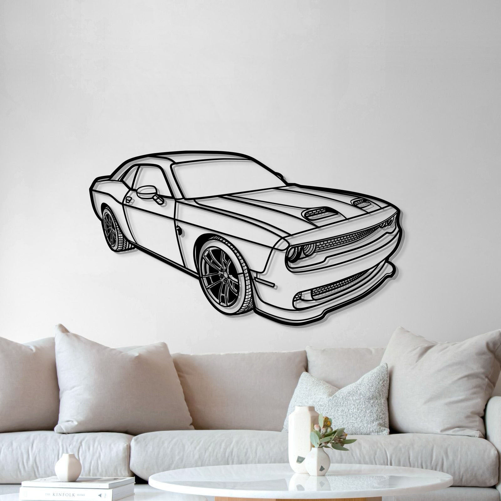 Dodge Challenger Hellcat 2023 automotive wall art – matte‑finished laser‑cut steel with subtle 3D stylistic lift