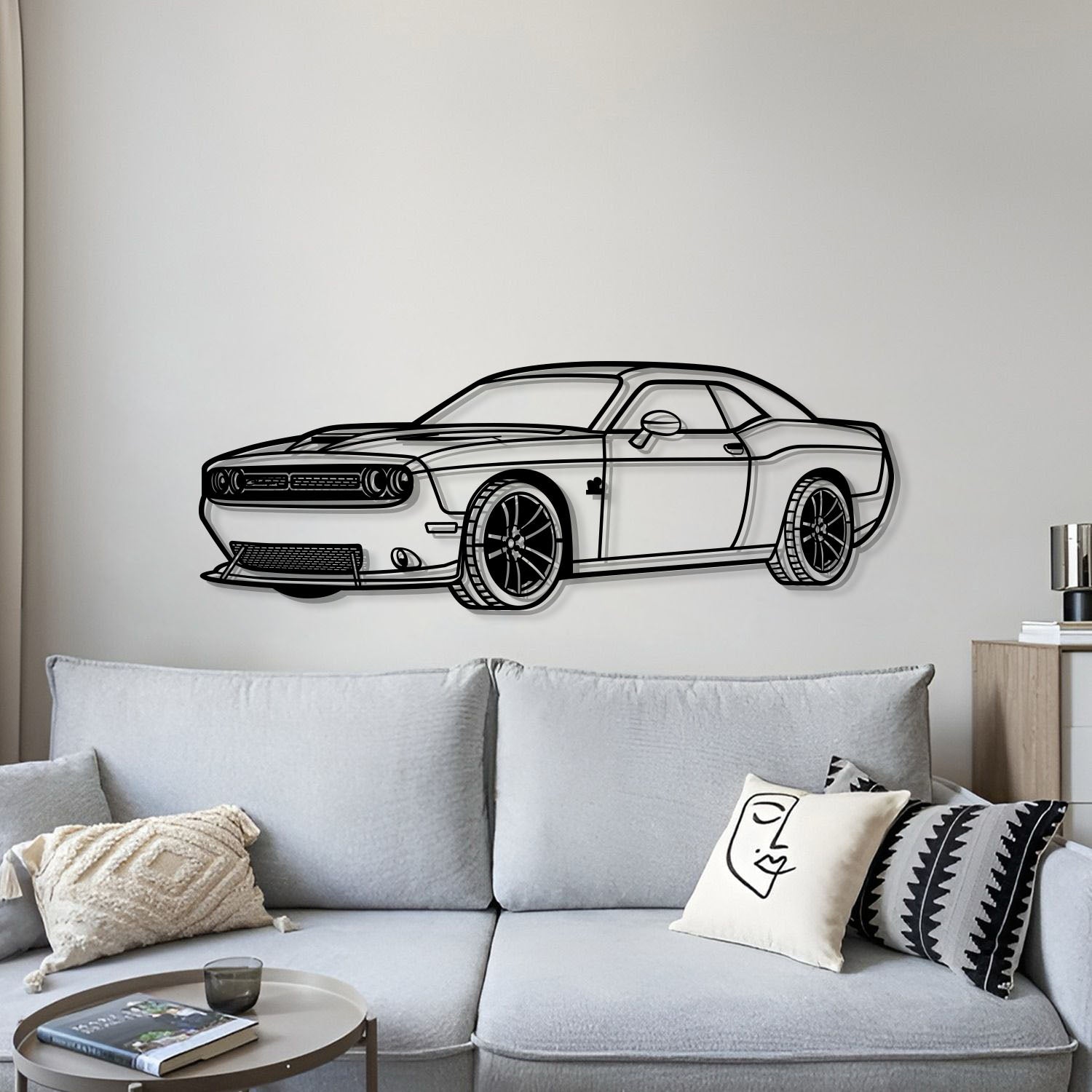 Dodge Challenger SRT (2019) perspective wall art – handcrafted dyed steel silhouette offering floating visual depth