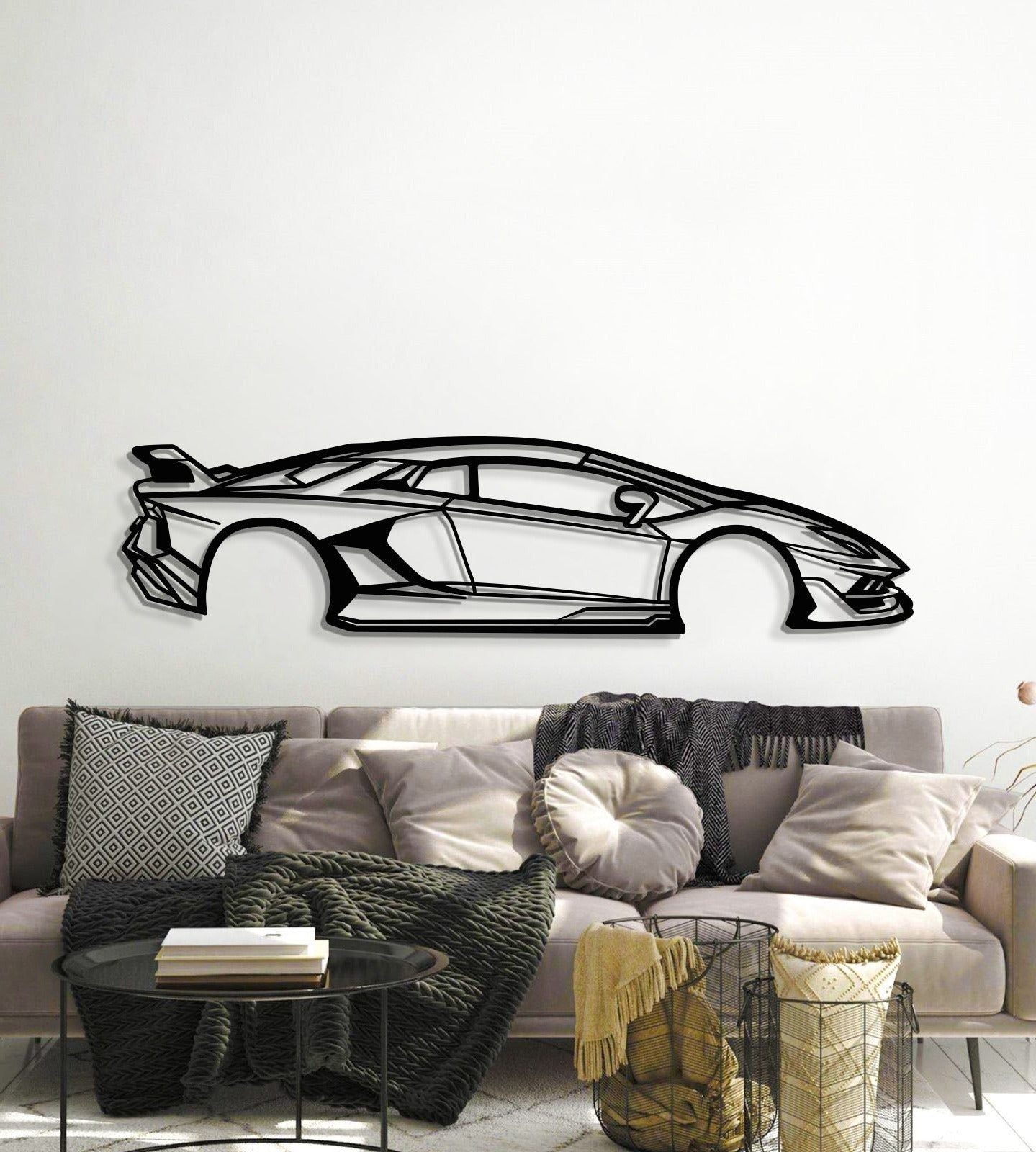 Aventador SVJ ready-to-hang metal wall art showcases automotive craftsmanship above a workstation